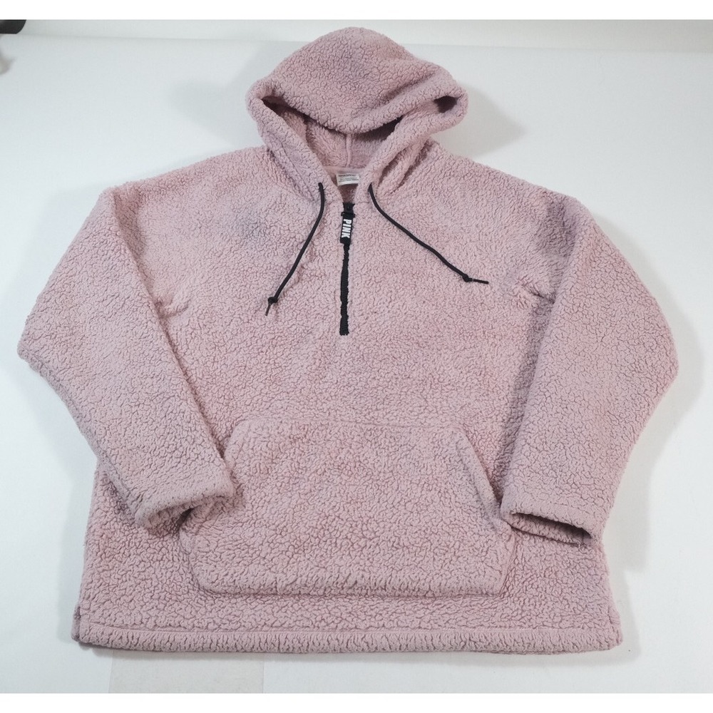 PINK Hoodie Women Small Pink Sherpa Quarter Zip Pullover Fleece Relaxed Fit